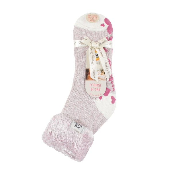 Calzini da salotto originali da donna con parte superiore in piume ribaltate - malva e crema