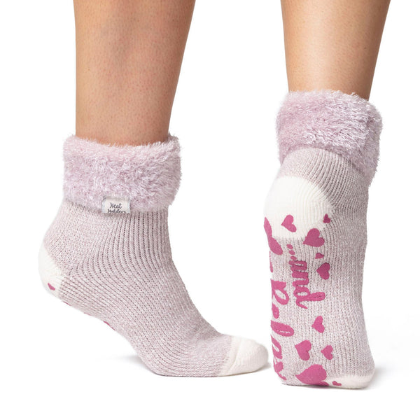 Calzini da salotto originali da donna con parte superiore in piume ribaltate - malva e crema